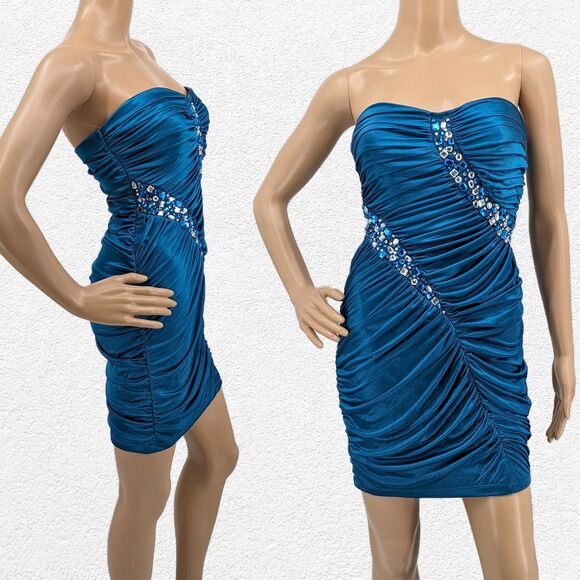 Vintage Y2K Mini Dress Strapless City Triangles Trashy Bejeweled Party Blue S - Picture 1 of 15